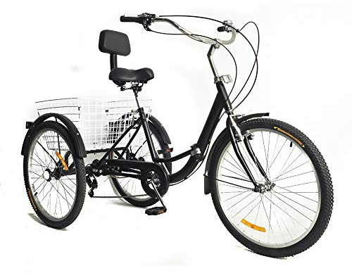OUKANING Erwachsene Dreirad 24 Zoll 7 Gang faltbar Dreirad 3 Rad Fahrrad Tricycle mit Rückenlehne und Shopping Korb(Schwarz)