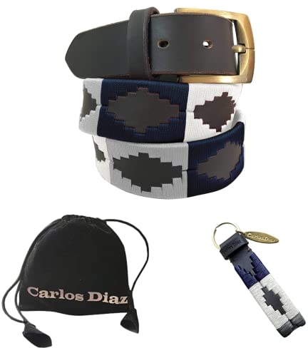CARLOS DIAZ Herren Damen Premium Unisex Braunes Leder Bestickt Designer Polo Gürtel (120 cm/ 46-48 Inches)