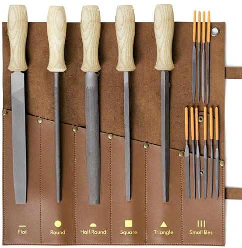 YOCAMIRAGA | Ensemble de limes en métal avec sac en cuir synthétique, 5 limes en acier de 20,3 cm plat/triangle/ronde/demi-ronde avec poignées en bois, râpe 4 en 1 et 10 mini limes aiguilles.