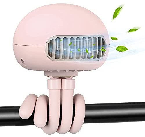 Ventilador portátil para cochecito de bebé, mini ventilador de mano con trípode flexible, 3 velocidades, ventilador recargable funciona con pilas, para cochecito asiento de coche bicicleta (rosa)