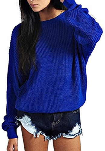 Crazy Girls Womens Ladies Baggy Long Sleeve Knitted Plain Chunky Top Sweater Jumper S-XL (M-L, Royal Blue)