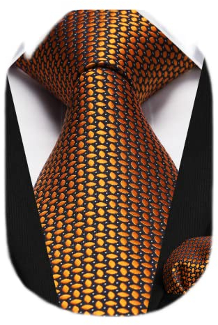 HISDERN Herren Klassische Krawatten Taschentuch Orange Formelle Elegant Gepunktete Krawatte & Einstecktuch Set Hochzeit Urlaub