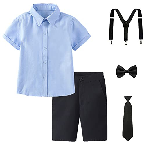 amropi Traje de Bautizo Niños Conjuntos de Camisa de Manga Corta y Pajarita y Pantalones Cortos y Tirantes Azul Negro, 12-13 años