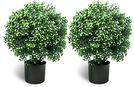 Sunnyglade Künstlicher Jasmin-Formschnitt-Baum, 54,9 cm, 2 Stück, Topfsträucher, UV-beständig, Topfpflanzen für drinnen und draußen, Haus, Garten (weiß)