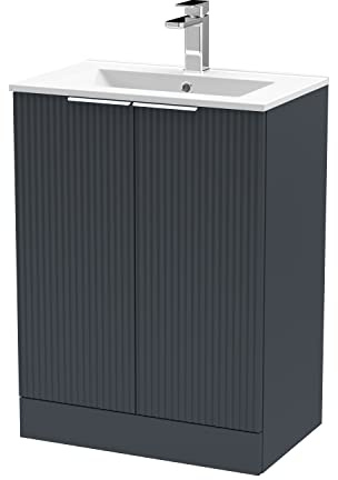 Hudson Reed DFF1425B Fluted Modern Bathroom Floor Standing 2 Door Vanity Basin Unit with Minimalist Ceramic Basin, 600mm, Soft Black