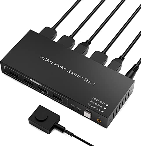 2x1 HDMI KVM Conmutador 8K - Tendak HDMI 2.1 KVM Switch USB 2 Puertos PC Conmutador KVM Teclado Ratón Conmutador Box Soporta 8K@60Hz 4K@120 Hz HDCP 2.3 para Ordenador PC PS5 Xbox HDTV