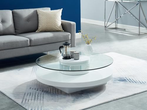 Vente-unique - Table Basse RYHALI - Plateau pivotant - Verre trempé & MDF Blanc