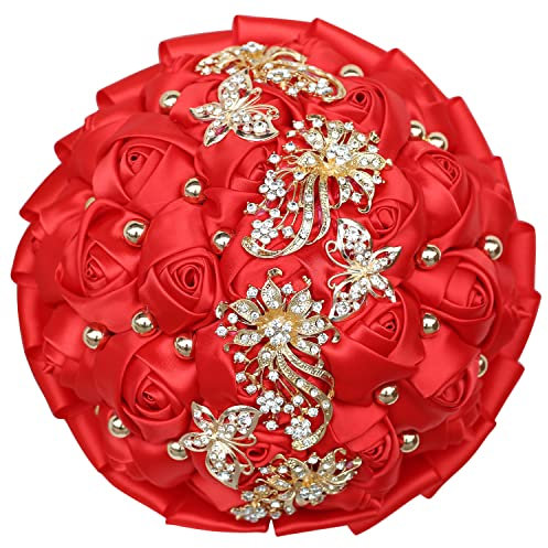 WIFELAI-A Golden Strass Brosche Hochzeit Blumen Brautsträuße Kristall Braut Holding Bouquet Rot Satin Rosen mit Diamant