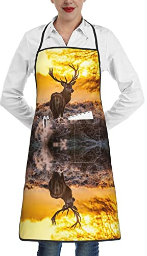 FFEXS Hirsch-Druck-Schürzen, Kochen mit Tasche, Weihnachtsschürze, Kochschürze für Küche, Restaurant, Kochen, Unisex, Erwachsene, Geweih-Aufdruck mit rotem Hirsch, Einheitsgröße