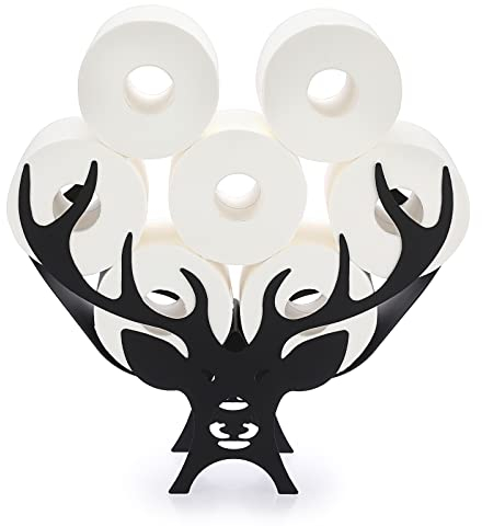 BTSKY Metal Toilet Paper Roll Holder - Matte Black Animal Style Toilet Tissue Holder, Freestanding & Wall Mount Toilet Tissue Storage Container for Bathroom, Home, Kitchen, Toilet (Antler)