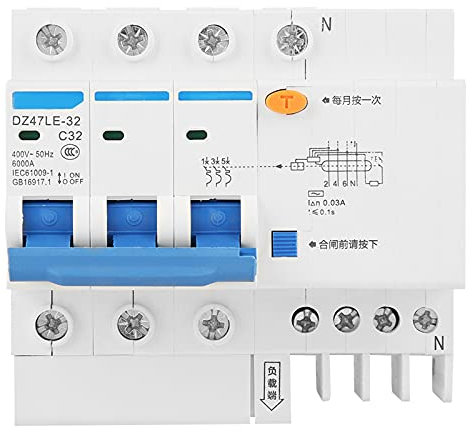 Disjoncteurs Miniatures, DZ47LE-32 3P+N C32 RCCB Disjoncteur à Courant Résiduel, Pour la Décoration de la Maison, la Construction Technique (230V 32a 30mA)