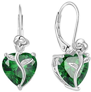 FJ Herz Ohrringe Damen Smaragd Mai Geburtsstein Ohrringe 925 Sterling Silber Hängend Ohrringe Rose Blume Schmuck Geschenke für Damen Frauen Mutter Freundin Mama