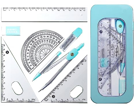 Taicols 7 teiliges Zirkel Set Geometrieset, Geometrie Math Zirkel Kit Linealset für Studentenbedarf Zeichnung Kompass und Winkelmesser Satz mit Metallbox Für Schule Büro Zuhause Mathematik (Blau)