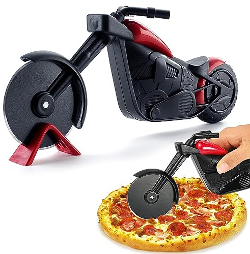 GEFIRE Moto Roulettes à Pizza, Roulettes à Pizza Créative, Rouleau Couteau à Pizza en Acier Inoxydable et Plastique, Coupe Pizza, Revêtement Antiadhésif et Béquille(21.5cm, Noir et Rouge)