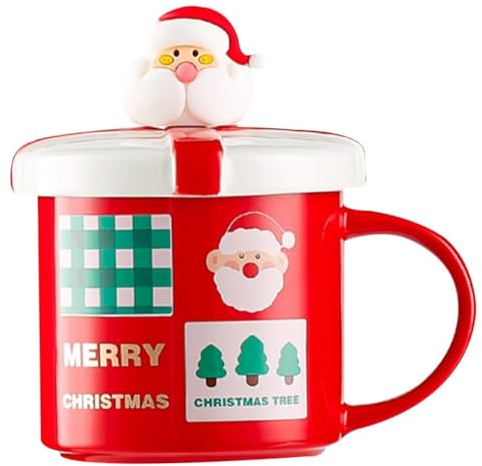 SuperglockT Weihnachtsbecher Weihnachtliche Kaffeetasse mit Deckel und Löffel 400ml Keramik Weihnachtstasse Porzellanbecher Weihnachtsmotiv Trinkbecher Bürotasse Geschenkidee (Weihnachtsmann-Muster)