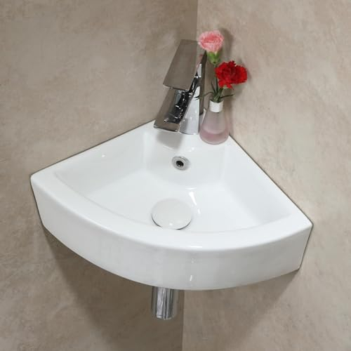 Waschbecken Eckwaschbecken Weiß Keramik - Wandwaschbecken - Dreieck Modernes Design Garderobenbecken mit Überlaufloch - Aufsatzwaschbecken Kleines Waschbecken 460x320x125mm