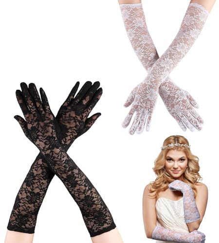 DHWEKU 2 Paar Lange Spitzen Handschuhe für Damen Vintage Spitzen Brauthandschuhe für Hochzeit Oper Damen Accessoires,für Hochzeiten, Abende, Partys, Opernaufführungen