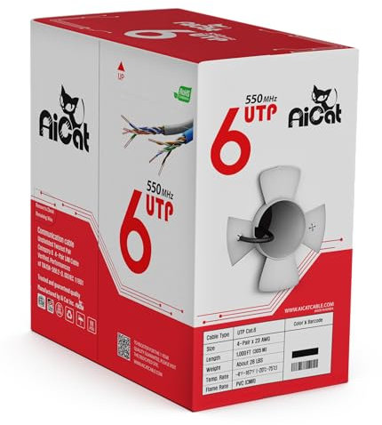 AiCat Cat6 Ethernet Cable 1000ft - 23 AWG, CMR, Insulated Solid Bare Copper Wire Internet Cable with Noise Reducing Cross Separator - 550MHZ / 10 Gigabit Speed UTP LAN Cable 1000 ft - CMR (Black)