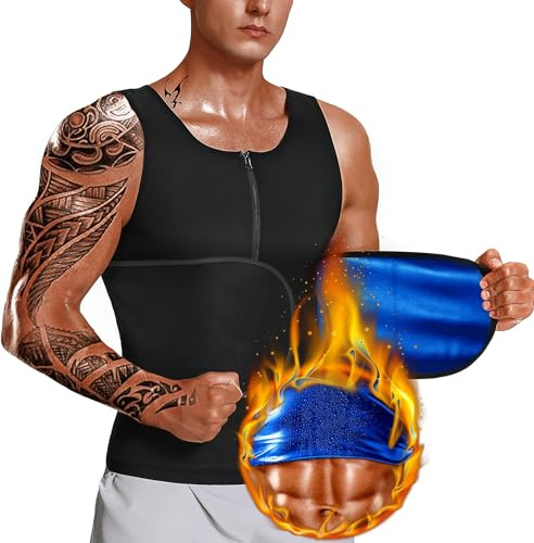 Mulnall Sauna Vest Men Sweat Suit Waist Trainer Vest | Heat locking sweat fabric, easy to clean and dry, front zip and adjustable waist straps, sleeveless tummy shaping design