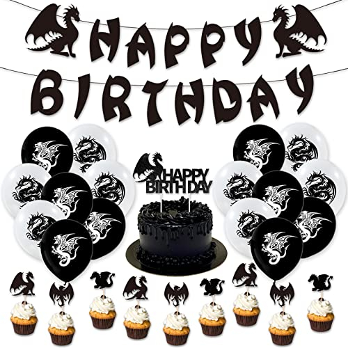 44pcs Drache Partei Dekoration für Drachen Thema Fantasy Partyzubehör, Drache Geburtstag Banner Cupcake Topper Ballons Kuchen Dekor Party Gast Zubehör