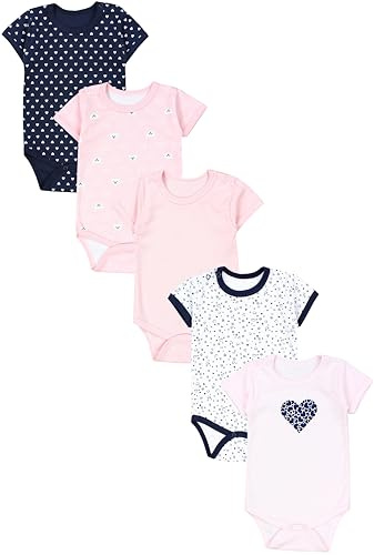 TupTam Baby Body Mädchen 5er Pack – Kurzarm Body Baby aus Baumwolle, Ideal für Sommer und Alltag, Farbe: Dunkelblau Blumen Hellrosa Herzen Aprikose Bären, Größe: 104