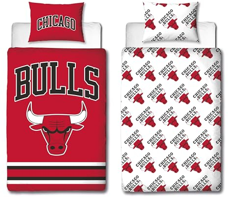 Character World NBA Offiziell lizenziertes Bettwäsche-Set für Einzelbett, Chicago Bulls Design, wendbar, 2-seitig, rote Basketball-Bettwäsche, inklusive passendem Kissenbezug, perfekt für Kinderzimmer