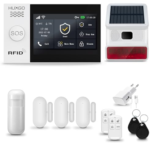 HUXGO® HXA007 Allarme casa senza fili WiFi + GSM 4G con wireless Sirena solare | Kit allarme con 1x rilevatore di movimento, 3x sensori per porte e finestre, telecomando | TUYA Smartlife App