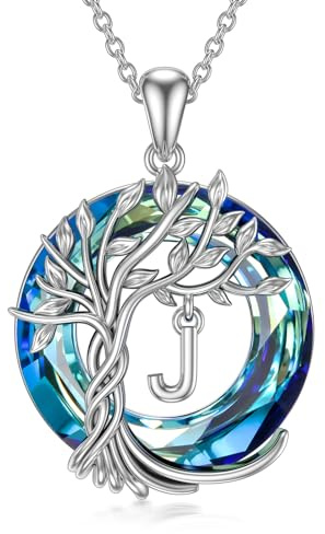 TOUPOP Tree of Life Initial A-Z Letter Necklace 925 Sterling Silver Irish Family Celtic Tree Blue Crystal Jewellery Anniversary Birthday Gifts for Women Girls Ladies Her Wife