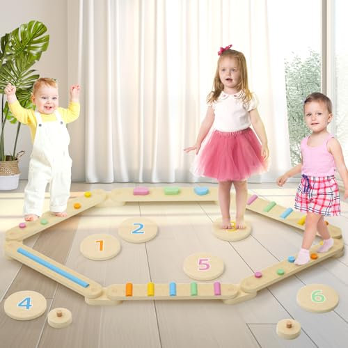 XJD 12 Set Holz Kleinkinder Schwebebalken mit Bunte Balanciersteine frei kombinierbar, Balanciersteine für Kinder, Kinder Balance Board ab 3-7 Jahren, Garten Spielzeug für Koordination und Stabilität
