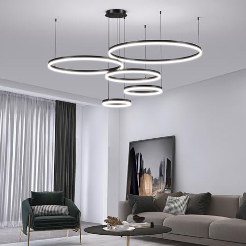 Mikeru Dimmable Hanging Pendant Light 5 Ring, 30+40+60+80+100cm Black Modern LED Kitchen Pendant Light 10% to 100% 3000K/4500K/6500K Modern Adjustable Ceiling Lights for Living Room
