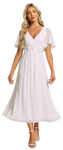 Ever-Pretty Women's Embellished Midi Evening Dress Ladies Short Sleeve line with Short Sleeve for Wedding Guest Dress White 22UK