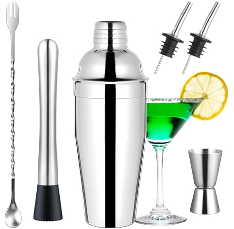 Cocktail Shaker, Juego de Coctelera, Acero Inoxidable 750ml 6-Piezas Juego de Cocktail Bartender, Accesorios Profesionales de Bar Juego de Cocktail, para Casa, Bar, Fiesta