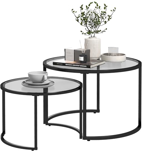 HOMCOM Coffee Table Set of 2, Modern Nest of Tables with Tempered Glass Top, Steel Frame for Living Room, Black