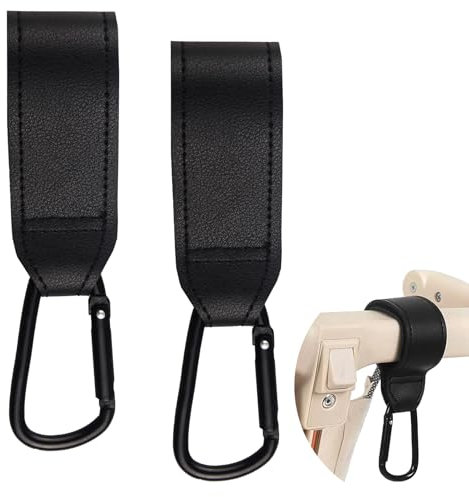 2 Pcs Black Baby Stroller Hooks, Heavy Duty Double-Row Leather Strong Adhesives, Portable Pram Travel Clips Essentials for Universal Baby-Stroller Shopping Changing Bag Car Hanging
