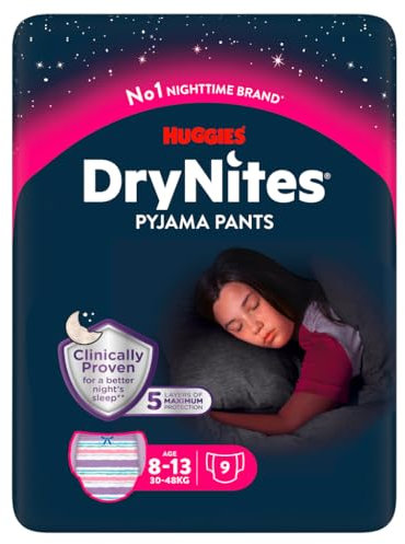 Huggies DryNites Bedwetting Pyjama Nappy Pants, Girl Age 8-13 (30-48 kg) - 9 Pants