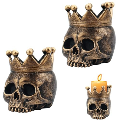 Totenkopf Kerzenhalter, FainFun 2 Stück Totenkopf Kerzenständer, Schädel Kerzenhalter Für Tisch Heimdekoration, Totenkopf Deko Kerze, Kerzenleuchter Gothic für Weihnachten Allerheiligen(Bronze)