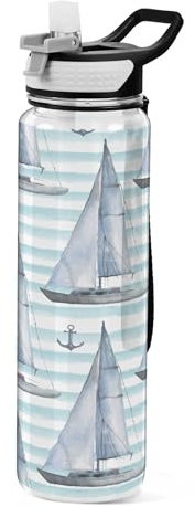 Sevdomey Boats and Anchors Water Bottle with Straw Lid Clear Leakproof Gym Water Bottles for Outdoor Sport Drinking Fitness Workout Travel, 32 oz