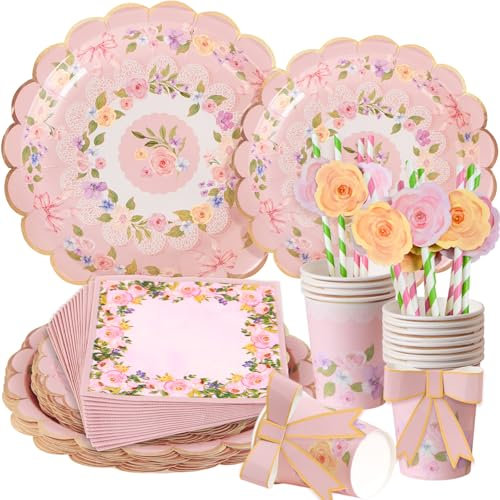 SUNBEAUTY 16 Gäste Blumen Partygeschirr Set, Gartenparty Deko Geschirrset mit Blumen Pappteller, Pappbecher, Servietten und Strohhalme für Geburtstag Party Deko