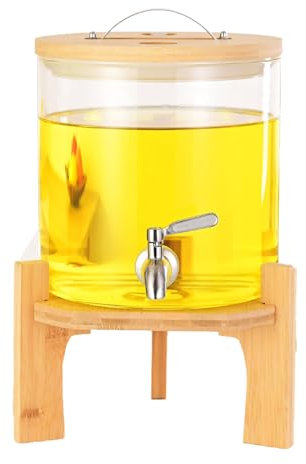 JTWWDM Máquina Jugo Limonada, Dispensador Bebidas Vidrio con Grifo Acero Inoxidable Soporte Madera, Dispensadores Grandes Bebidas Frías Calientes para Fiestas Bares Restaurantes,5L