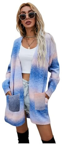 HEYPORK Damen Herbst Winter Warm Bequem Jacke Casual Mode übergangsjacke Mantel Frauen Pullover Regenbogen Mittlere Länge Strickjacke Tasche Gestrickt Jacke