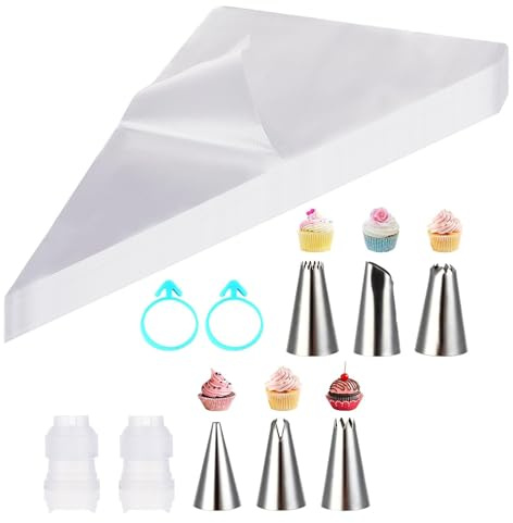 Funngy Piping Bag Set, 6pcs Stainless Steel Nozzles, 30cm Plastic Piping Bags for Icing, Cream, Mashed Potatoes & More