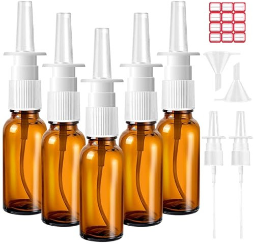 5 Stück Nasenspray Flasche Leer, 10ml Glas Nasensprayflasche, Nasen Sprühflaschen, Wiederverwendbar Nasensprayflasche mit Düsen, Trichter, Etiketten für Parfüm, ätherische Öle, Kochsalzlösung