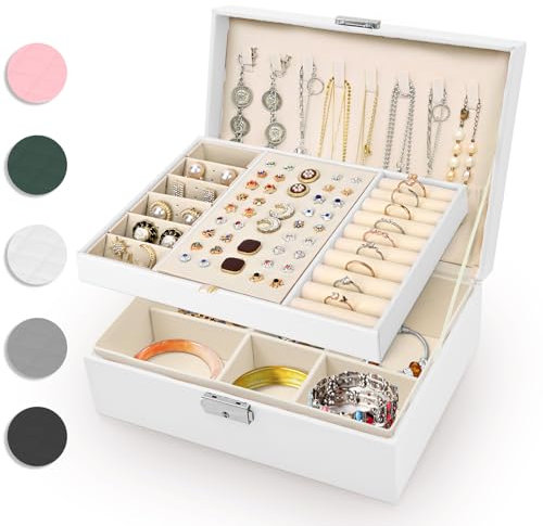 Eucomir Schmuckkästchen für Damen,Große Schmuckaufbewahrung 2-Schichtige Reise Schmuckschatulle PU-Leder Schmucketui für Ringe,Armbänder,Ohrringe,Halsketten,Milchiges Weiß