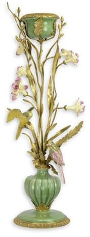 Kerzenständer Bronze und Porzellan Jugendstil H 66 cm mit Blumen und Vogel Elementen