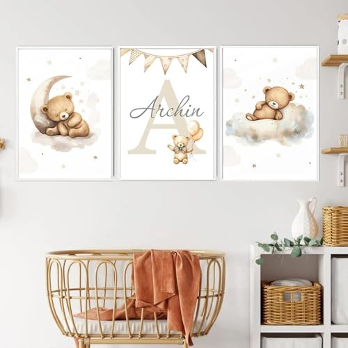 3 Poster Bär Baby Prenom Jungen Poster Baby Beige 30 x 40 cm Leinwand personalisierte Dekoration Kinder Wanddekoration Wolke Mond Sterne Poster Kinderzimmer Jungen Geschenk ohne Rahmen