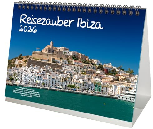 Reisezauber Ibiza DIN A5 Tischkalender für 2026 Eivissa Urlaub Mediterran Spanien - Geschenkset Inhalt: 1x Kalender, 1x Weihnachtsanhänger (insgesamt 2 Teile)