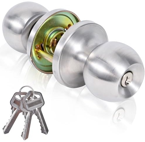 YELANGU Entrance and exit Door Knob with Key Stainless Steel Exterior Doors Knobs Round Security Front Doors Lock Set Satin Nickel 1 Pack(Silver)