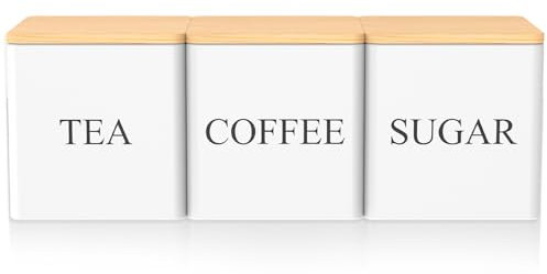 PATNFR 3pcs Tea Coffee Sugar Canisters, 500ML Metal Tea and Coffee Canisters Set with Airtight Lid and Name Marker, Square Storage Container Jar Kitchen Storage Tin for Home Kitchen Snack (white)