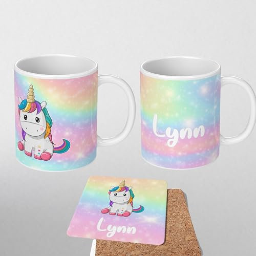 GIFTIMIZED Cute Unicorn Magical Rainbow Kids Childrens Personalised Name Custom Mug Coffee Tea Cup Gift with Coaster Option | Large Handle | Spacious 11oz | Dishwasher Safe | Made in UK |