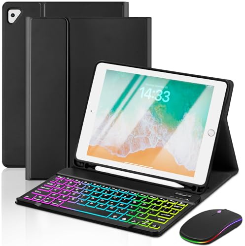 EAMPANG Case with Keyboard Mouse for iPad 6th/5th Generation Air 1 2 Pro | 9.7 inch 7 Color Rainbow Backlight Detachable USB-C Keyboard Magnetic Case with Pen Slot for iPad 2018 2017 Black+Mouse